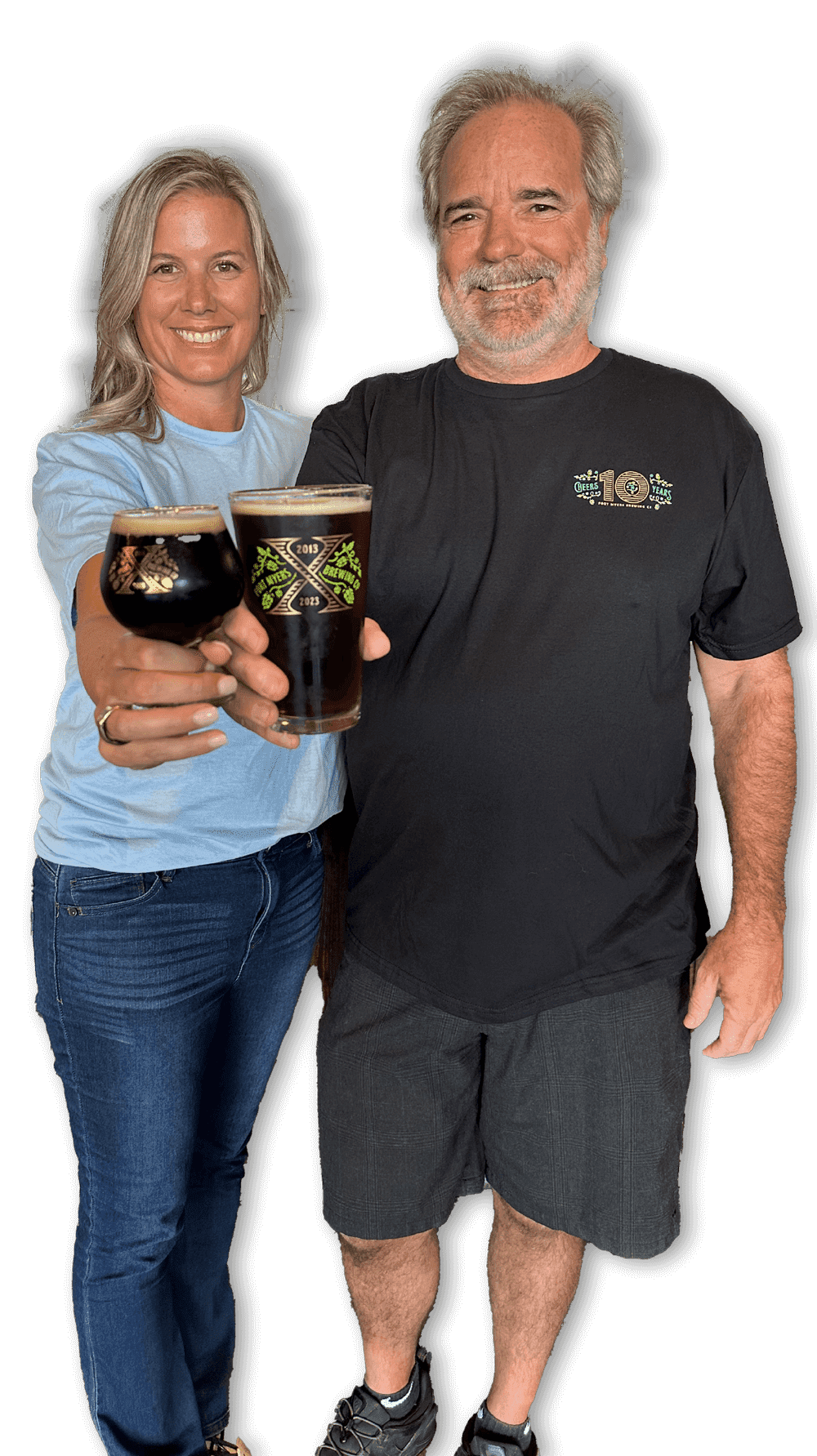 A man and woman holding a beer in front of a black background.