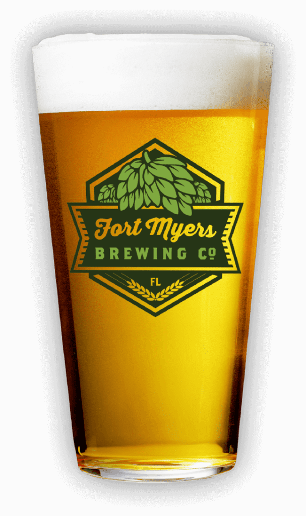 A beer glass with the logo for fort myers brewing co.