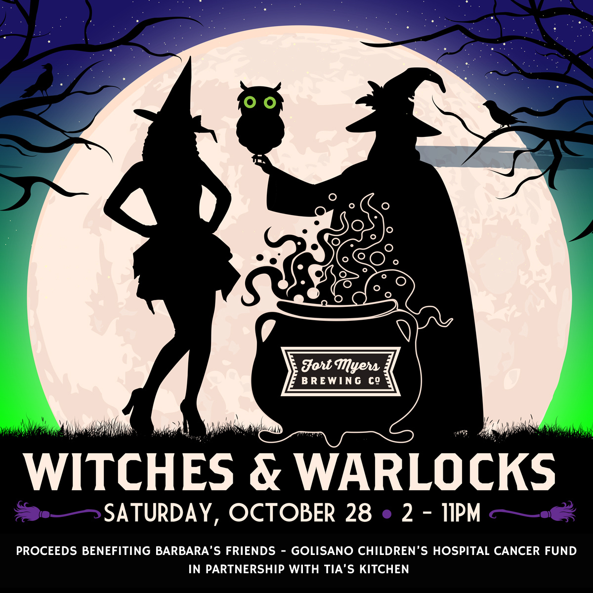 witches and warlocks event flyer happening at Fort Myers Brewing Company on October 28 at 2pm.
