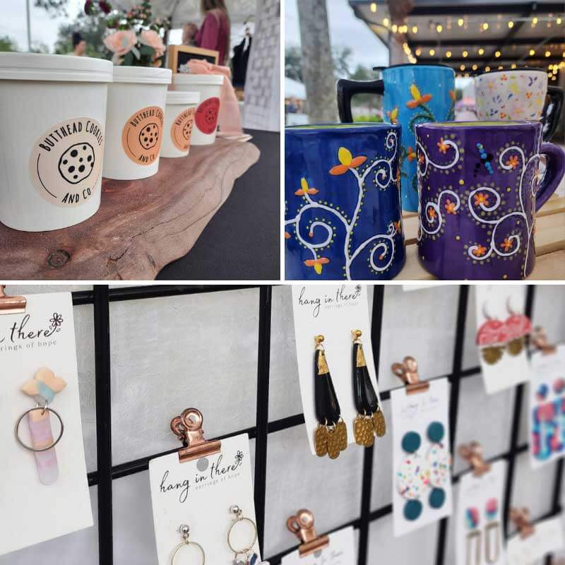 a collage of various items on display at a craft fair.