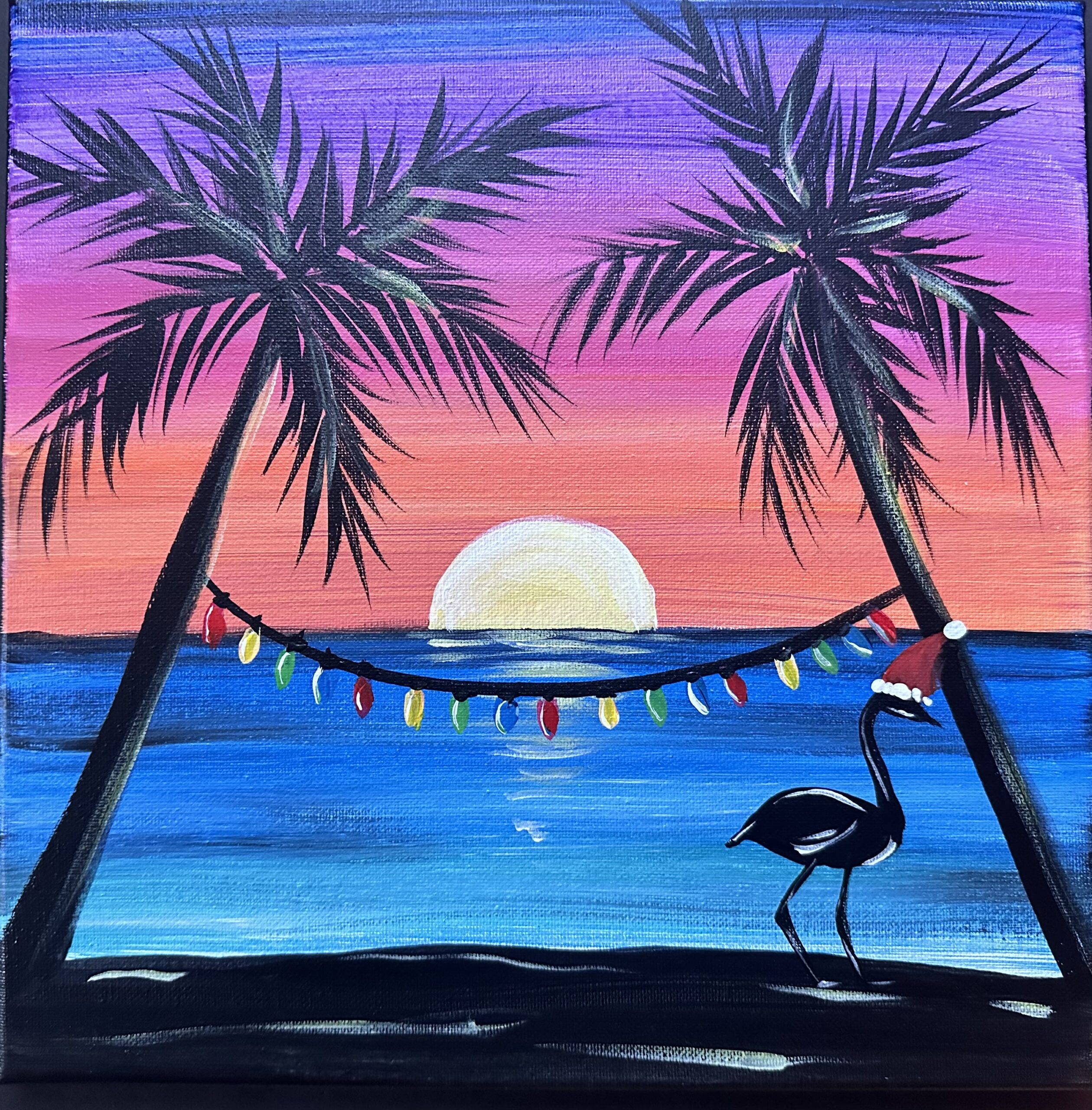 a painting of a flamingo and palm trees at sunset.