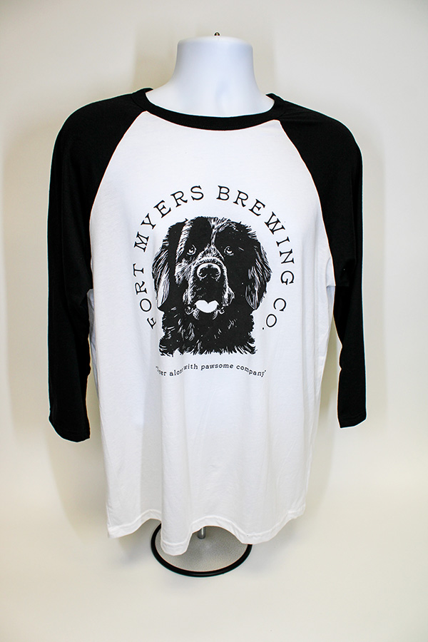 a white and black raglan t shirt with an image of a dog.