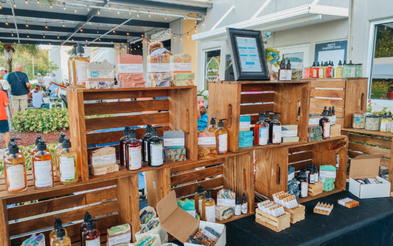 a wooden crate with many different kinds of products on it.