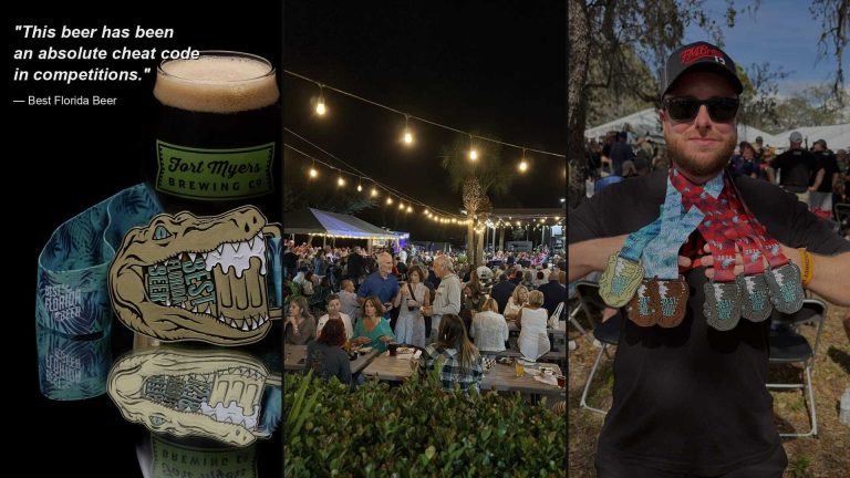 Fort Myers Brewing Company - Best Florida Beer "cheat code" award, string lights over the beer garden, and Head Brewer AJ with competition medals