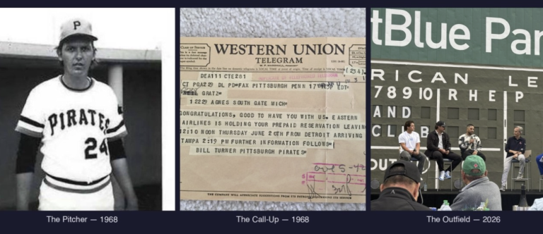 Three-panel image — Bill Gratz as a Pittsburgh Pirates pitcher in 1968, his Western Union call-up telegram, and Red Sox players at JetBlue Park in 2026